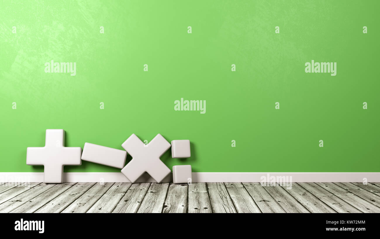 Vier mathematische Symbol auf hölzernen Fußboden gegen grüne Wand mit Copyspace 3D-Darstellung Stockfoto