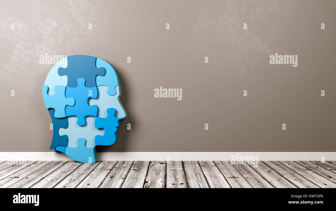 Blau menschliche Puzzle Kopfform auf hölzernen Fußboden gegen graue Wand mit Copyspace 3D-Darstellung Stockfoto