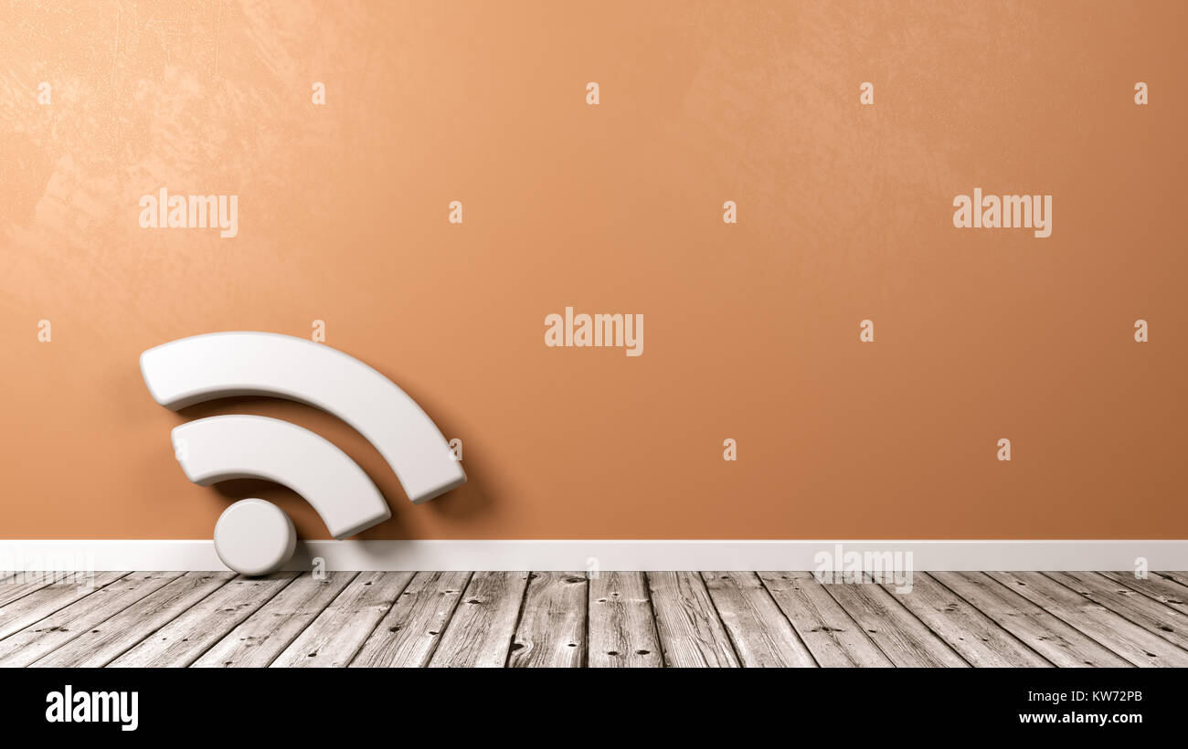 Weiß Podcast RSS Feed Symbol Form auf hölzernen Fußboden gegen Orange Wand mit Copyspace 3D-Darstellung Stockfoto