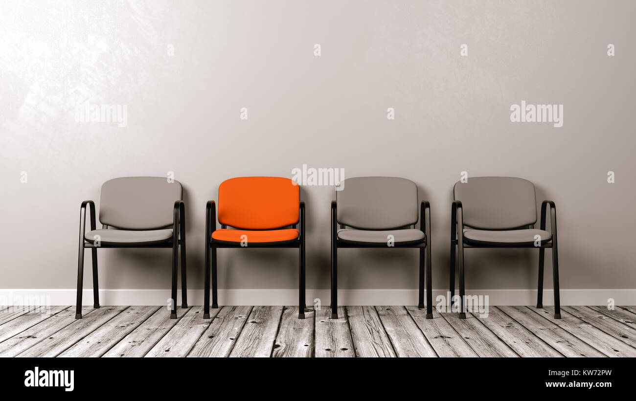 Einen anders farbigen Stuhl in einer Reihe von Grau auf hölzernen Fußboden gegen graue Wand mit Copyspace 3D-Darstellung Stockfoto
