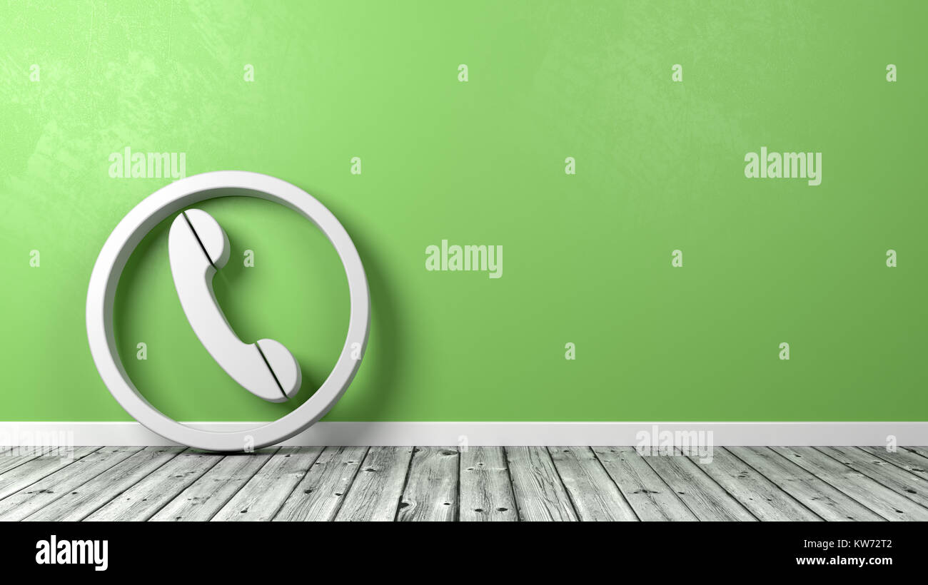 Weiße Phone Symbol Form auf Holzboden gegen grüne Wand mit Copyspace 3D-Darstellung Stockfoto