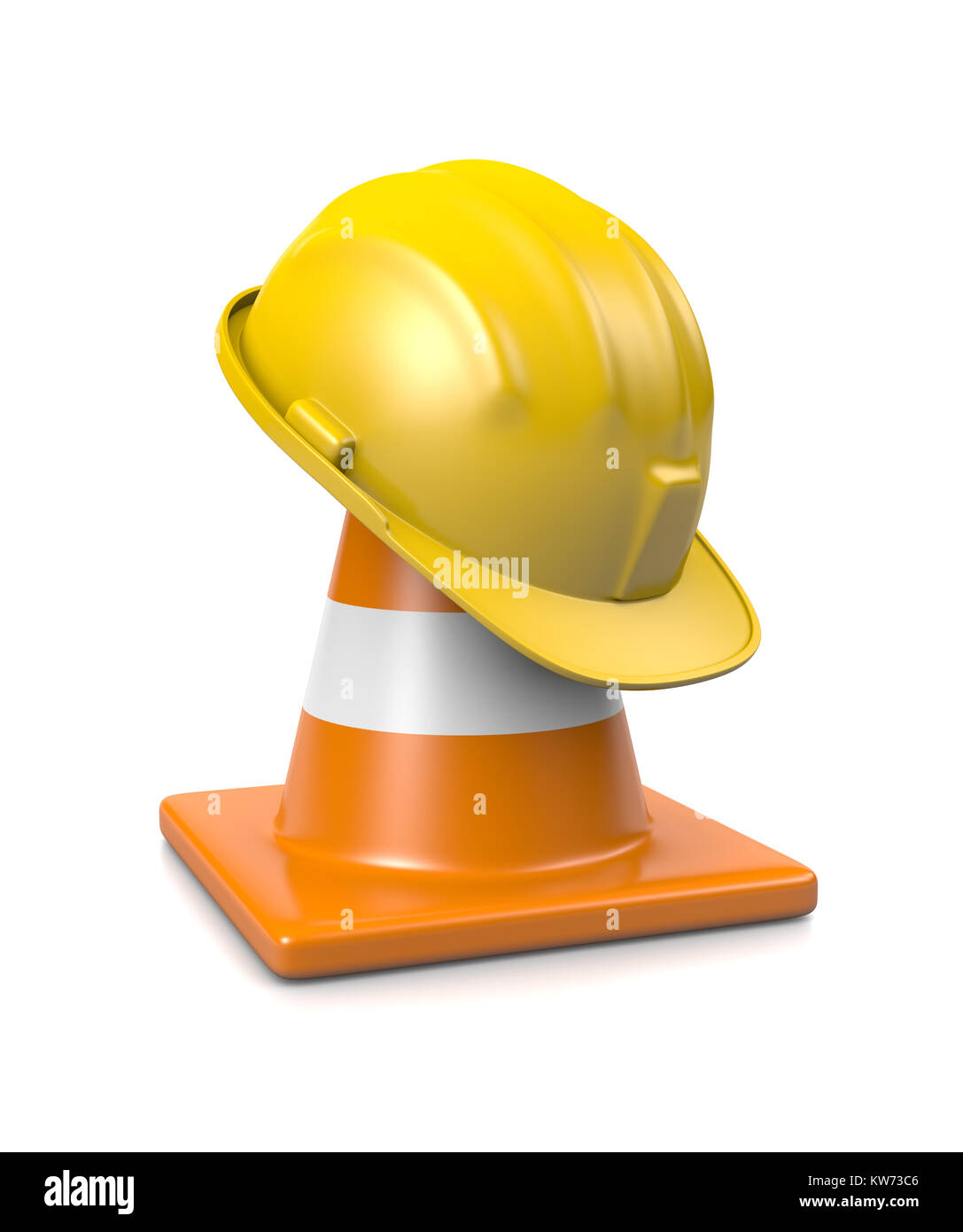Gelbe harten Hut auf einem Orange Leitkegel isoliert auf weißem Hintergrund, 3D-Darstellung Stockfoto
