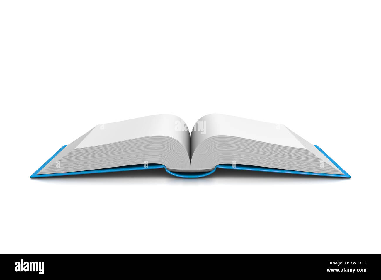 Blaue Abdeckung offenes Buch mit leeren Seiten auf weißem Hintergrund 3D Illustration Stockfoto
