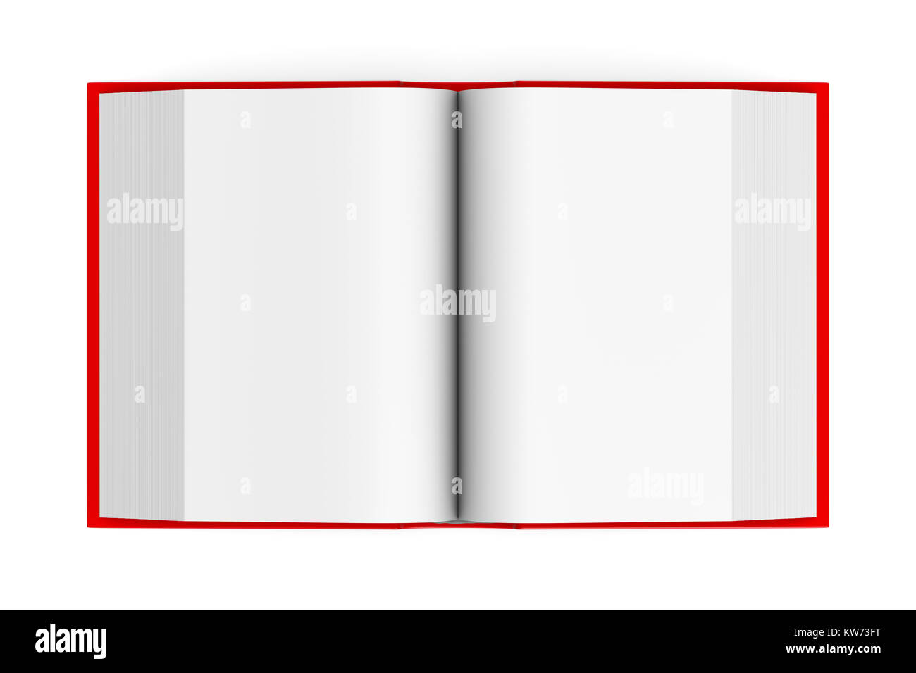 Rote Abdeckung offenes Buch mit leeren Seiten auf weißem Hintergrund 3D Illustration Stockfoto