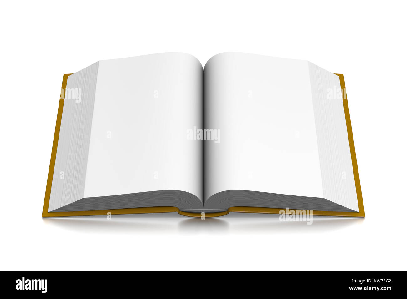 Gelber Deckel offenes Buch mit leeren Seiten auf weißem Hintergrund 3D Illustration Stockfoto