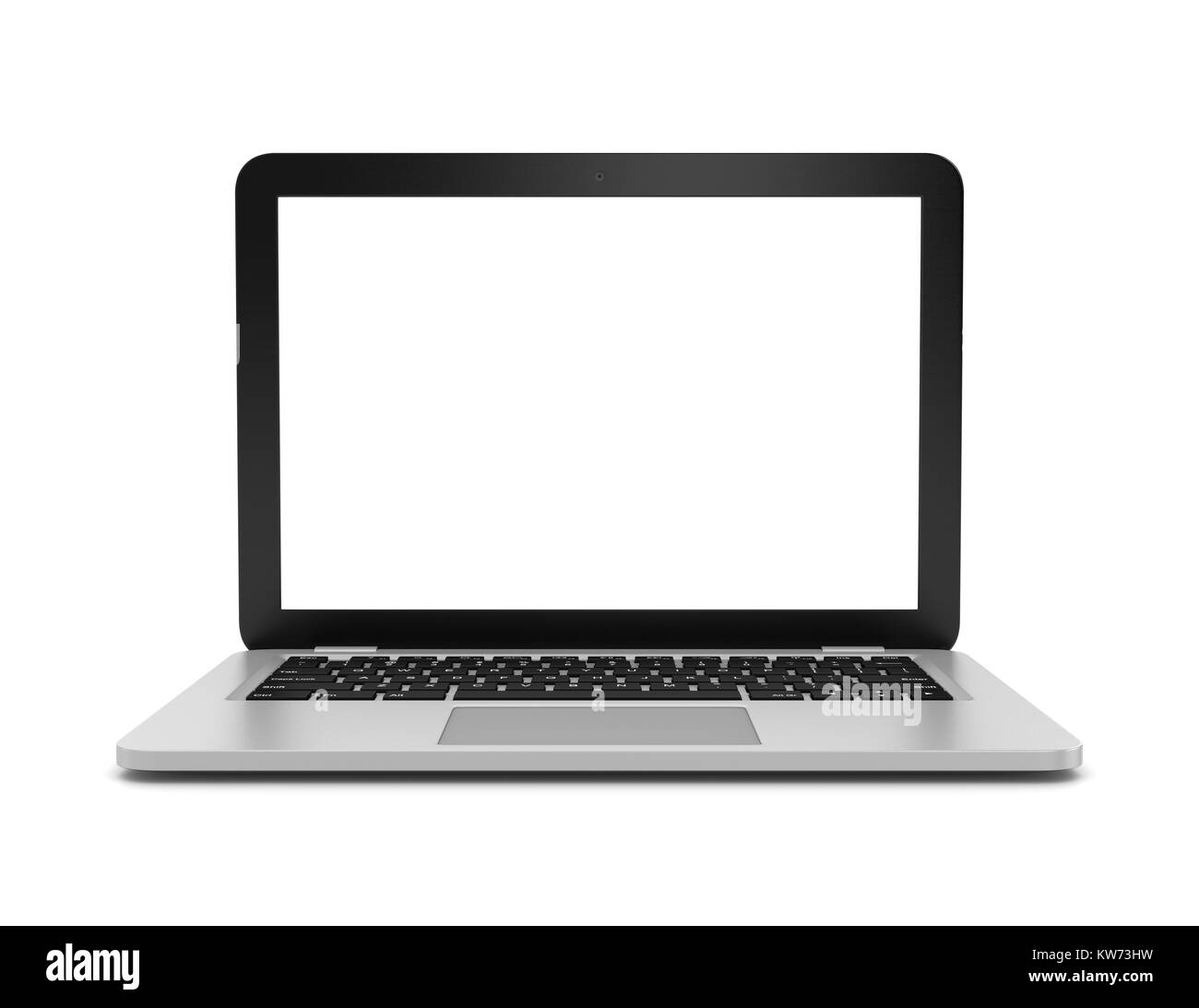 Silber Laptop mit leeren Bildschirm schwarz auf weißem Hintergrund 3D Illustration, Vorderansicht Stockfoto