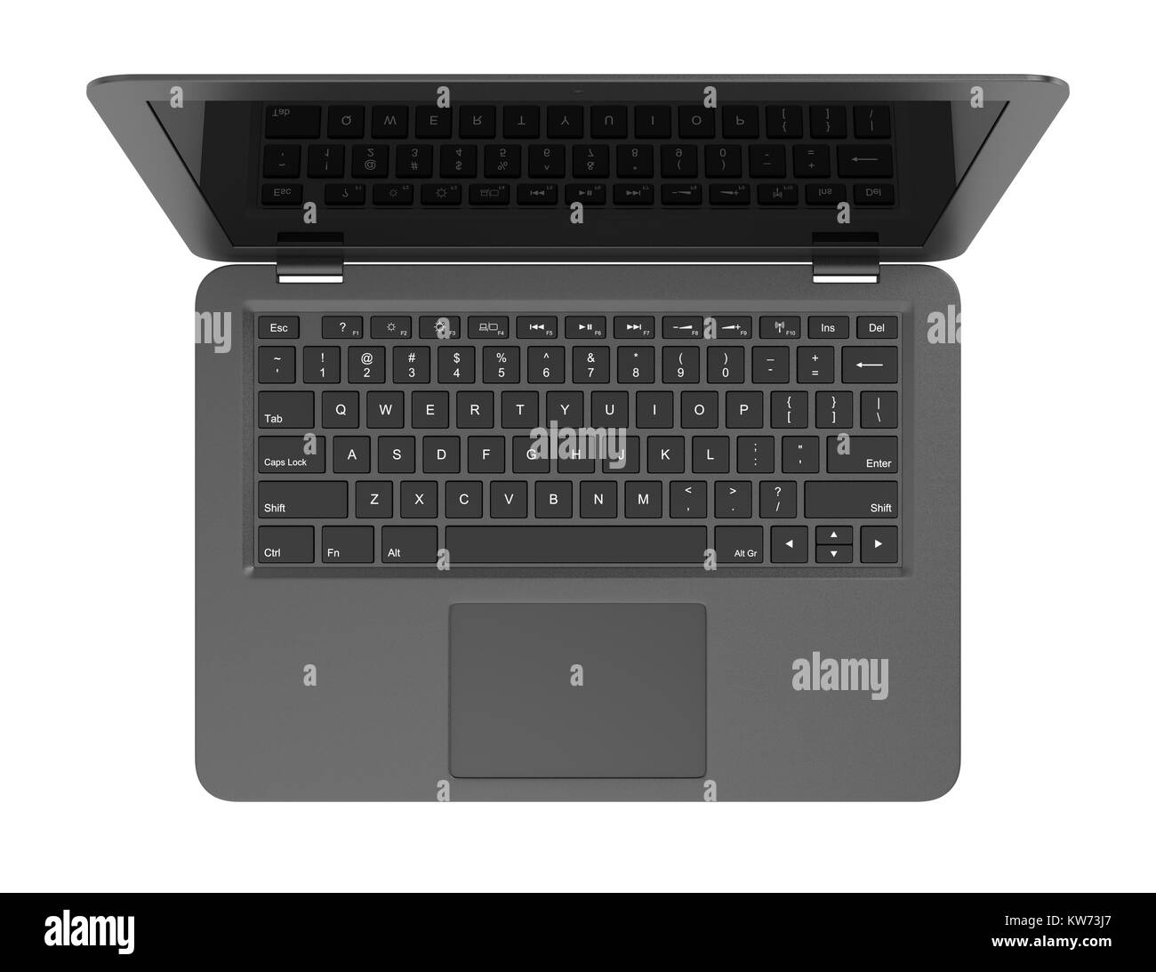 Schwarzer Laptop Computer mit leeren schwarzen Bildschirm isoliert auf weißem Hintergrund, 3D-Darstellung, Ansicht von oben Stockfoto