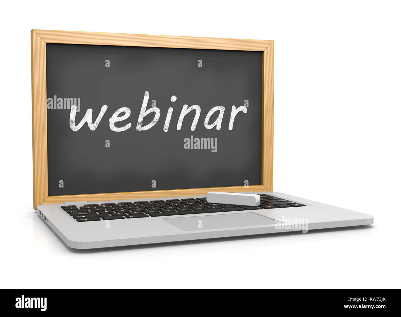 Laptop mit einem Webinar Text Tafel anstelle der Anzeige 3D-Rendering auf Weiß Stockfoto