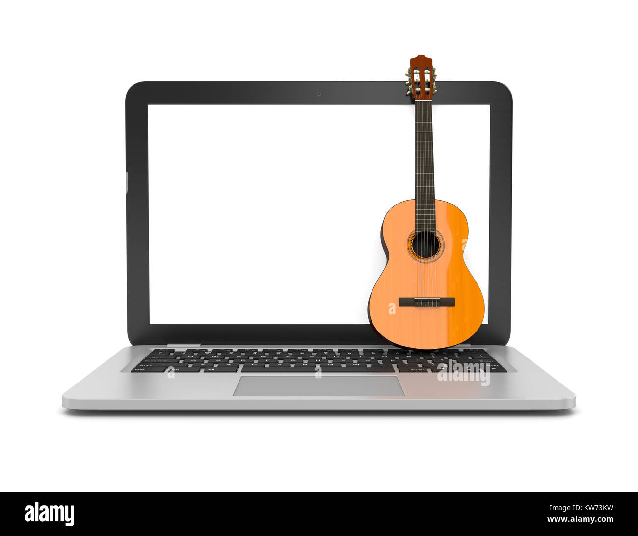 Laptop mit einer klassischen Gitarre auf der Tastatur 3d-Abbildung auf weißem Hintergrund Stockfoto
