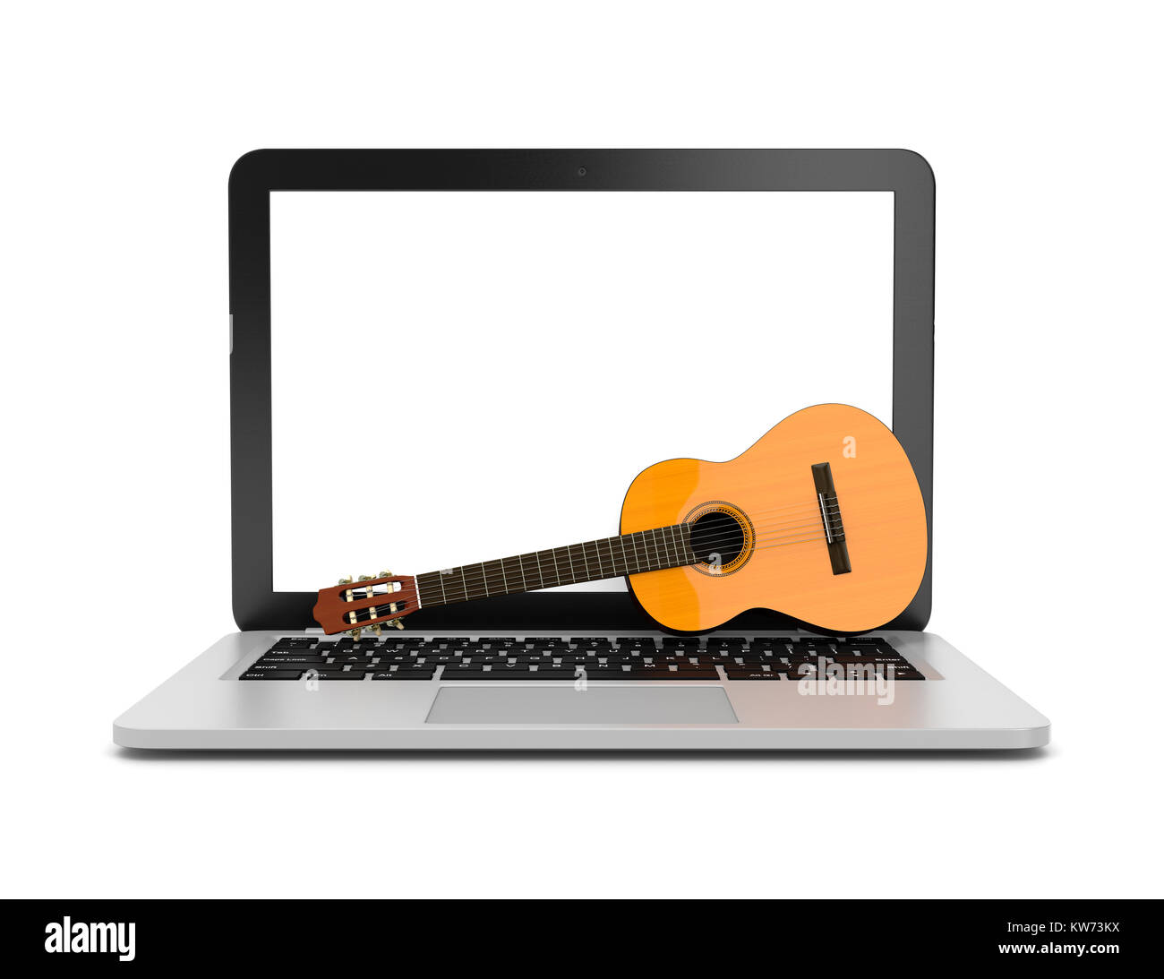 Laptop mit einer klassischen Gitarre auf der Tastatur 3d-Abbildung auf weißem Hintergrund Stockfoto