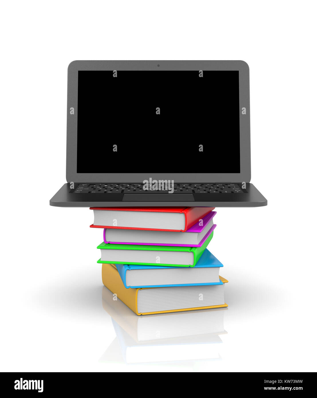 Schwarzer Laptop Computer mit Leeres Display oben auf einem Stapel von farbigen Bücher 3D-Abbildung auf weißem Hintergrund Stockfoto