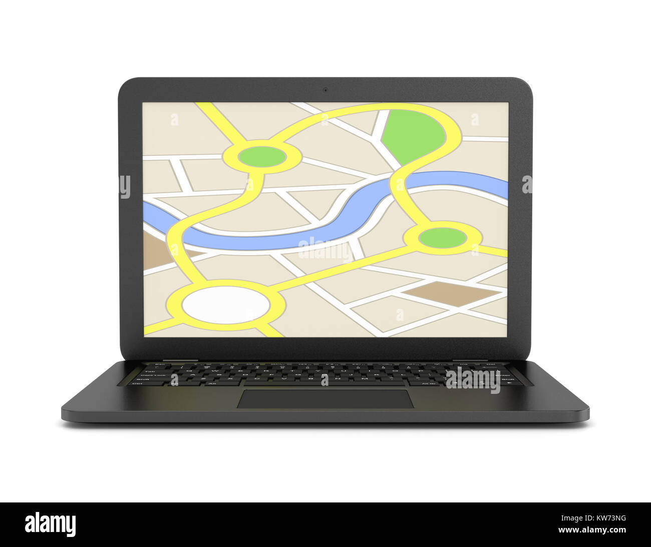 Schwarzer Laptop Computer mit einem Navigation Karte auf dem Bildschirm 3D-Abbildung auf Weiß Stockfoto