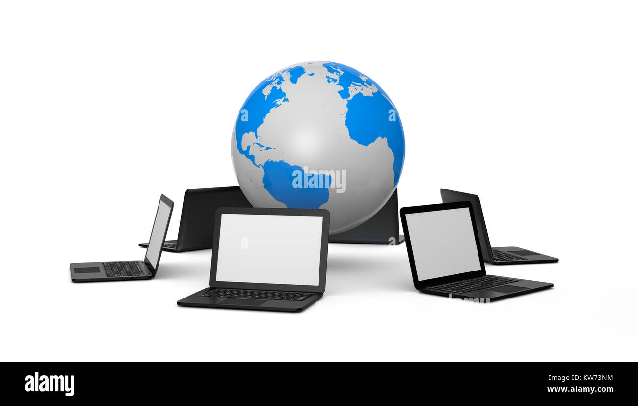 Laptop Computer auf der ganzen Welt 3D-Abbildung auf weißem Hintergrund Stockfoto