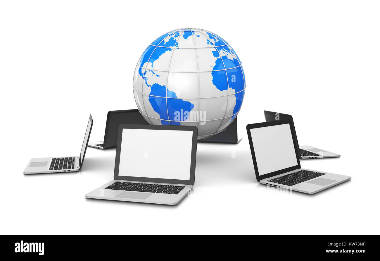 Laptop Computer auf der ganzen Welt 3D-Abbildung auf weißem Hintergrund Stockfoto