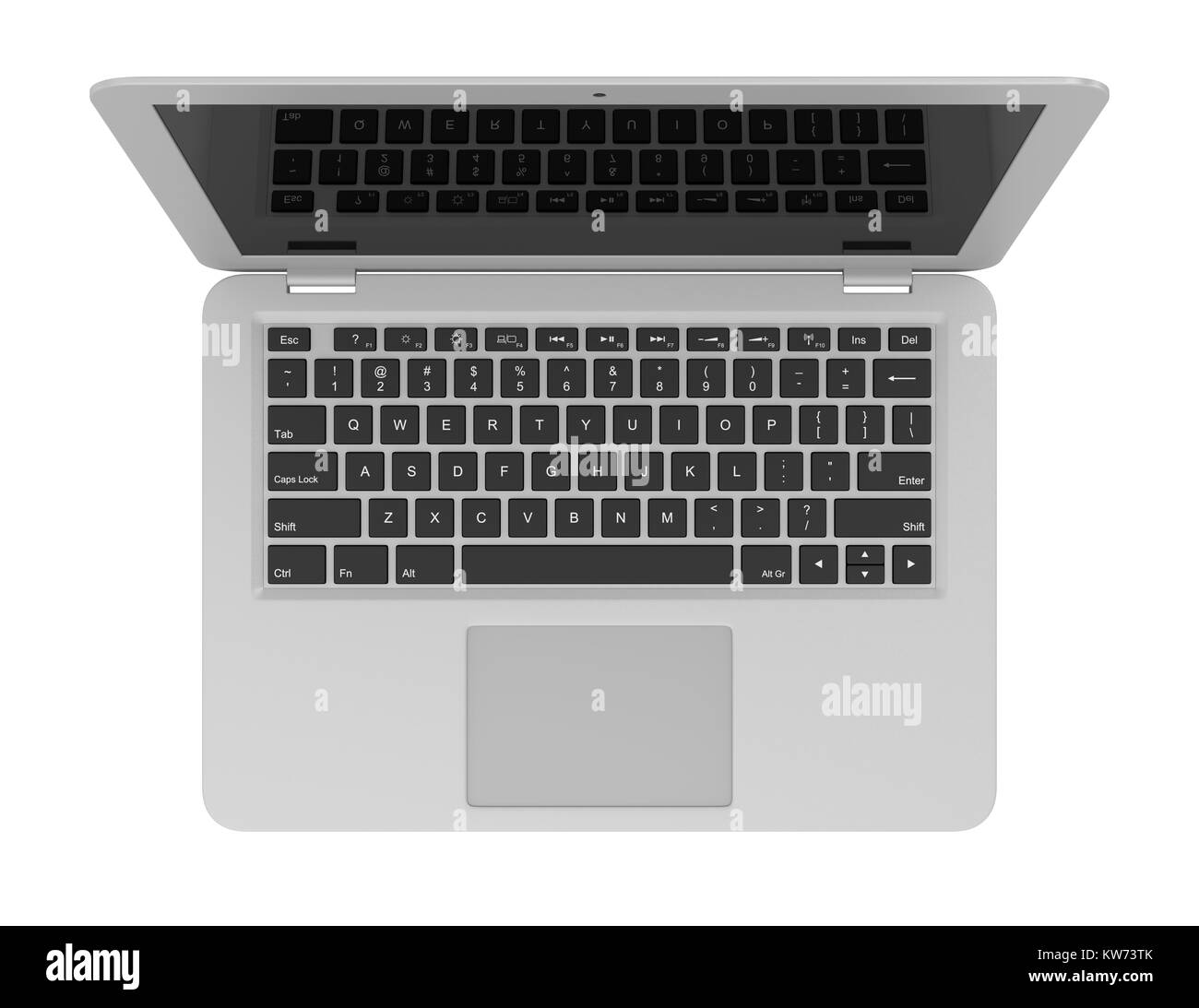 Aluminium Laptop mit leeren schwarzen Bildschirm isoliert auf weißem Hintergrund, 3D-Darstellung, Ansicht von oben Stockfoto