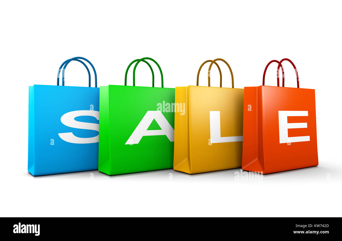 Verkauf Text Word auf einem Satz von vier bunten Einkaufstaschen Ausgerichtet auf weißem Hintergrund 3D Illustration Stockfoto