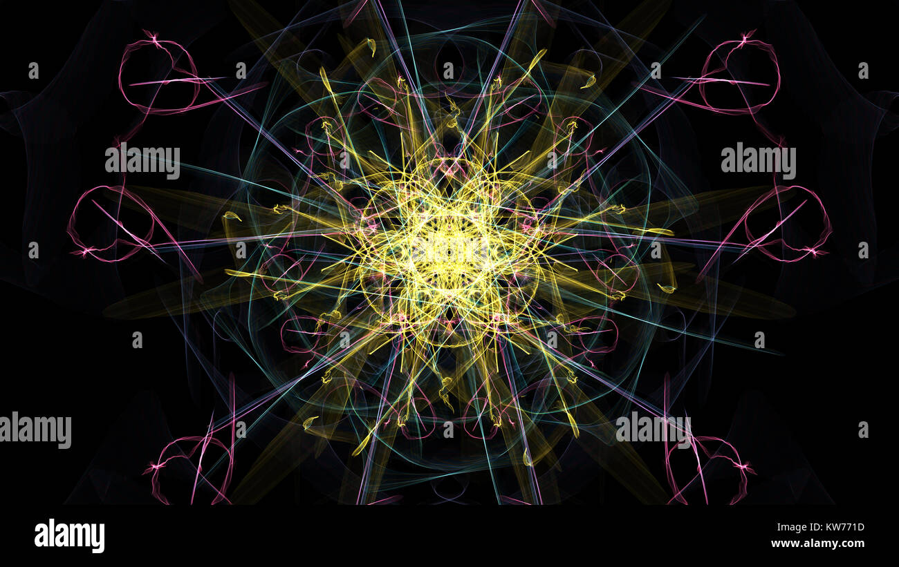 Abstrakte Kunstwerke. Bunte Linien mit Partikeln auf schwarzem Hintergrund. Seide Symmetrie Serie. Stockfoto