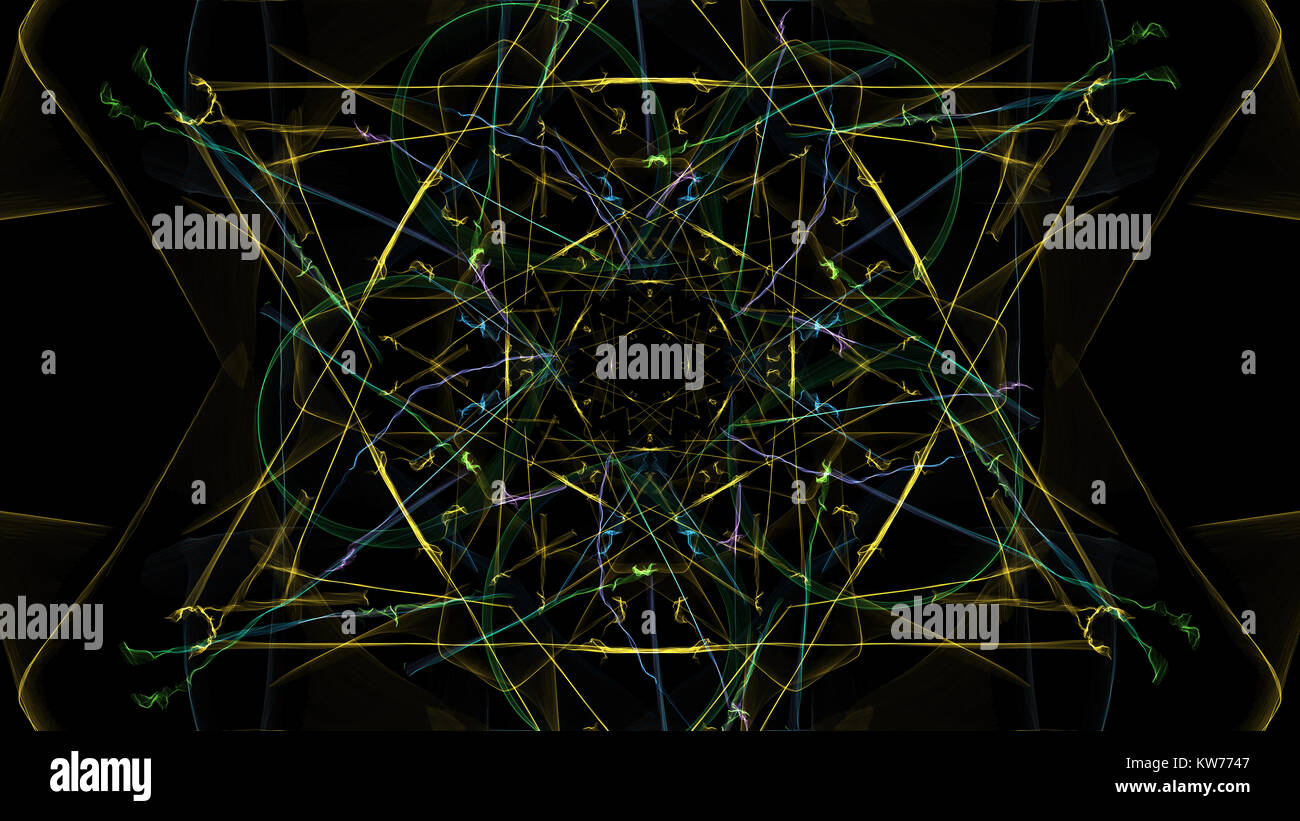 Abstrakte Kunstwerke. Bunte Linien mit Partikeln auf schwarzem Hintergrund. Seide Symmetrie Serie. Stockfoto