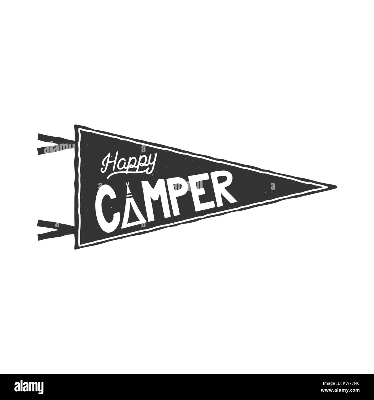 Happy Camper Wimpel Vorlage. Typografie Design und Aktivität im Freien Symbol - Zelt. Monochrom. auf weißem Hintergrund. retro-Patch. Stockfoto