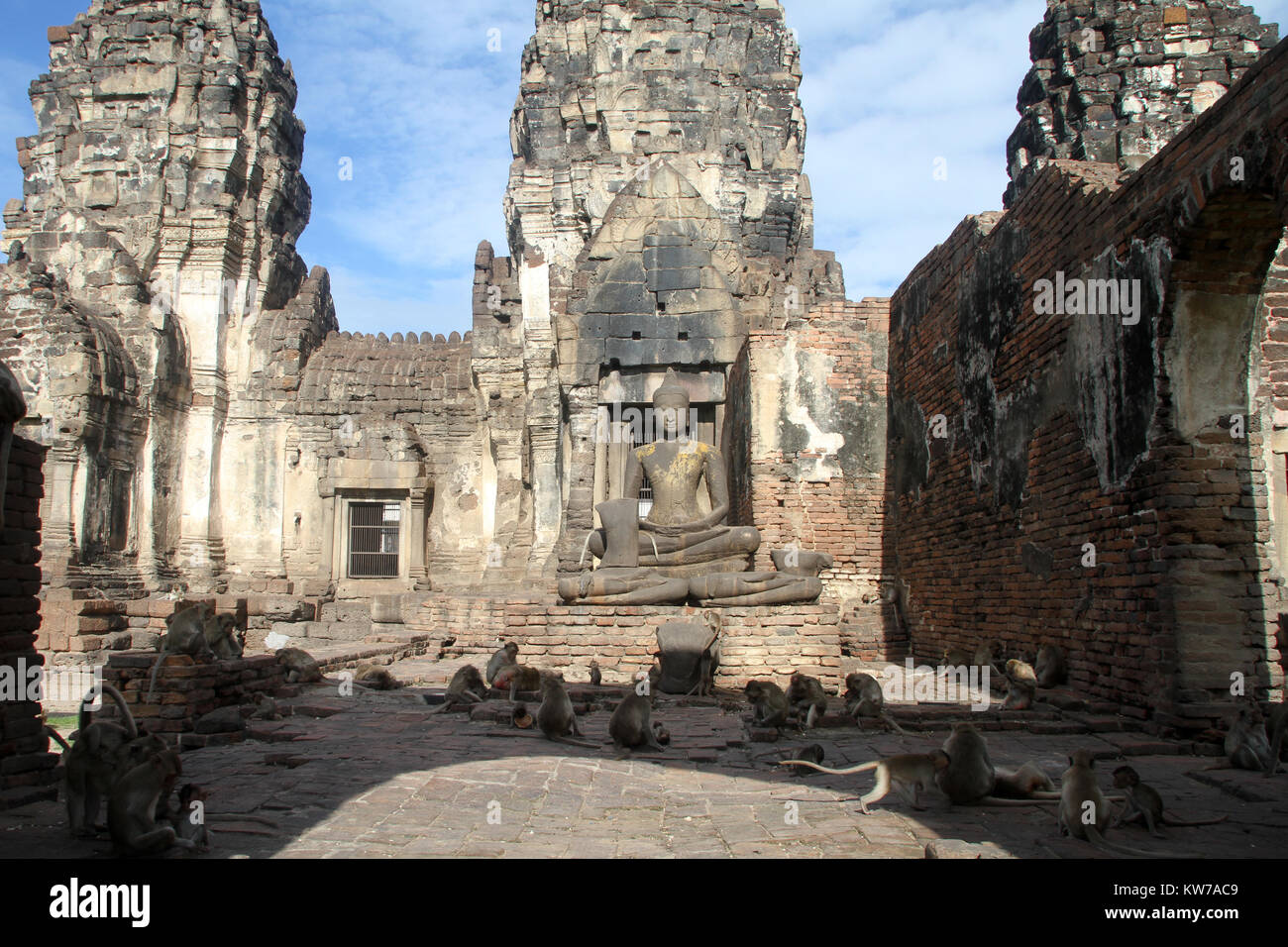 Affen und alten Prang in Phra Prang Sam Yot, Lop Buri, Thailand Stockfoto