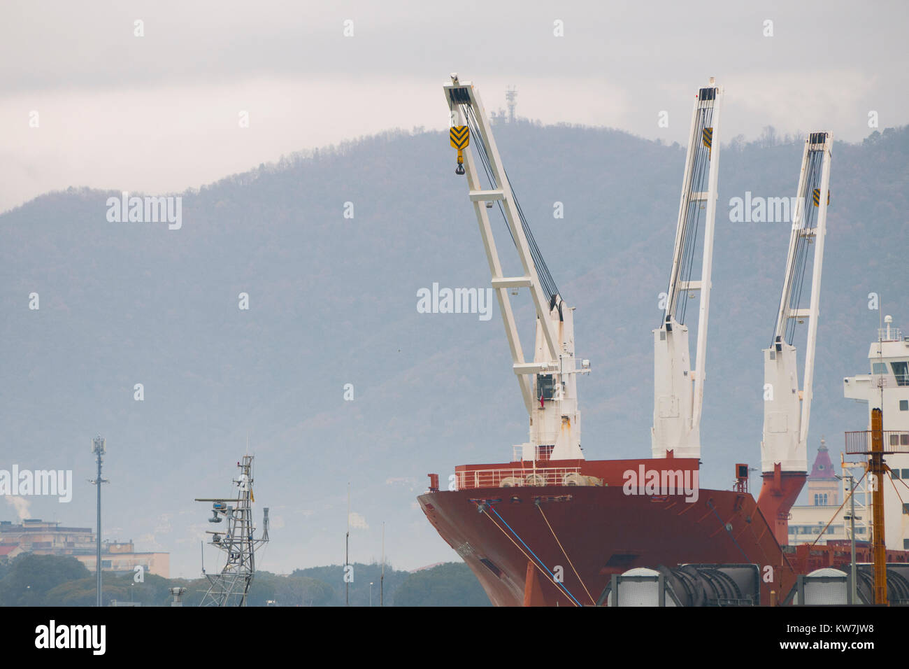 Frachtschiff mit weißen Kraniche an der Pier im Hafen angeschlossen Stockfoto