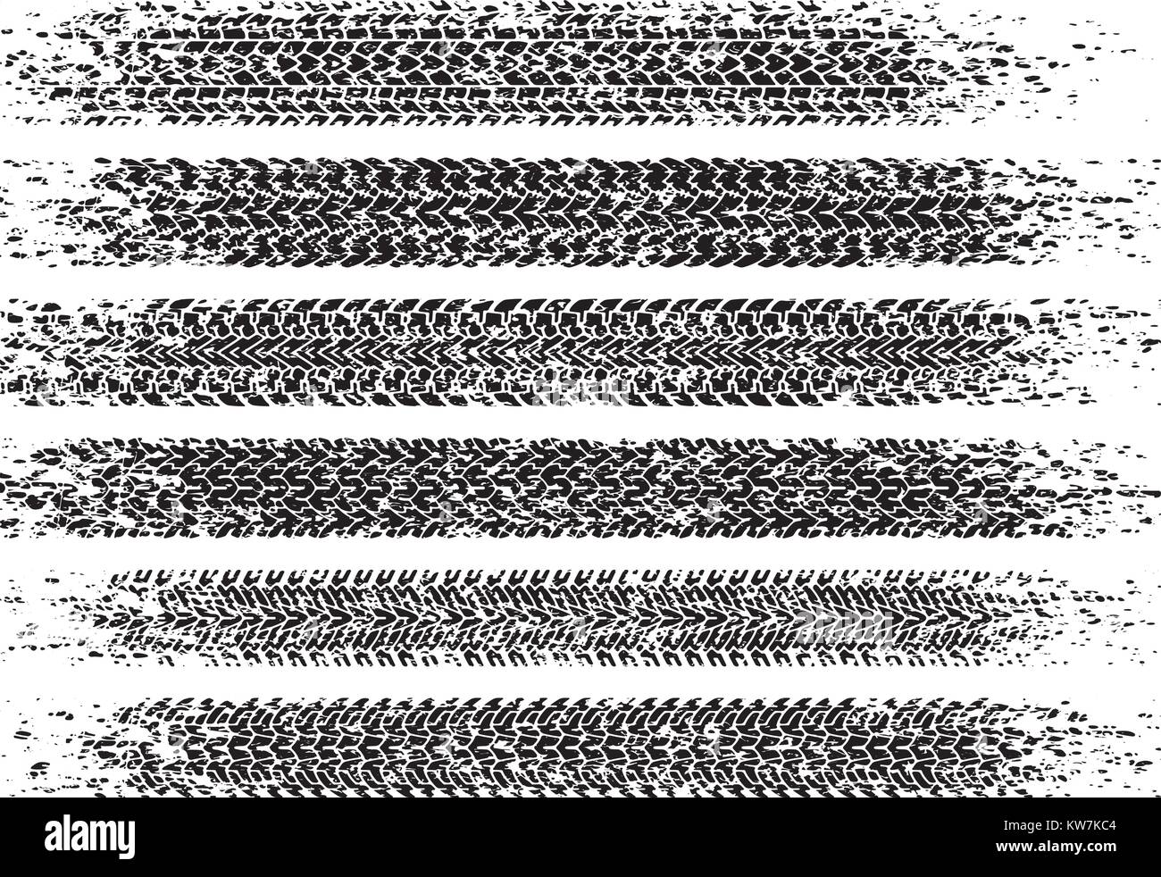 Satz von sechs schäbig, grunge Stil, schmutzige Vektor Spuren der Reifen. Stock Vektor