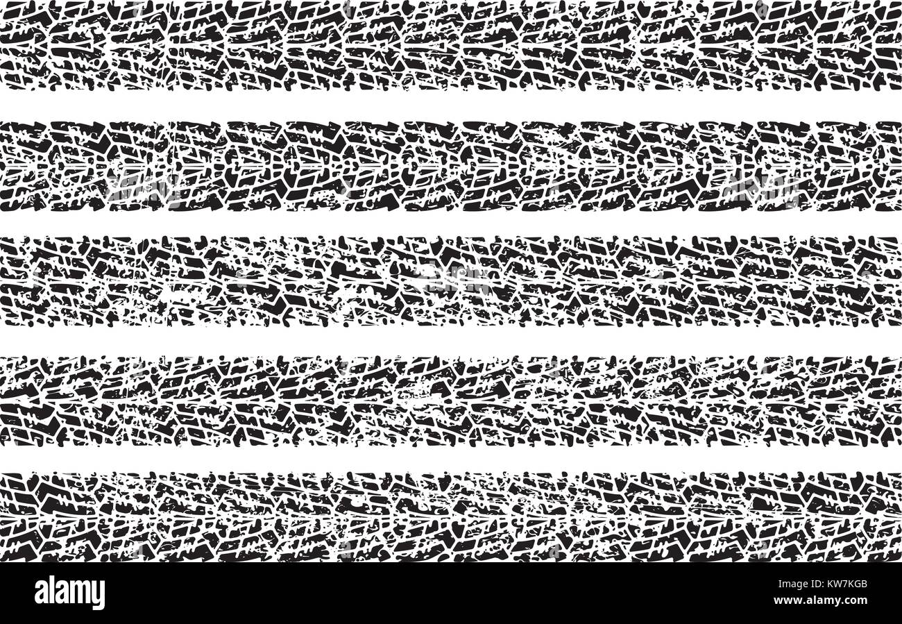 Set mit 5 schäbig, grunge Stil, schmutzige Vektor Spuren der Reifen. Stock Vektor