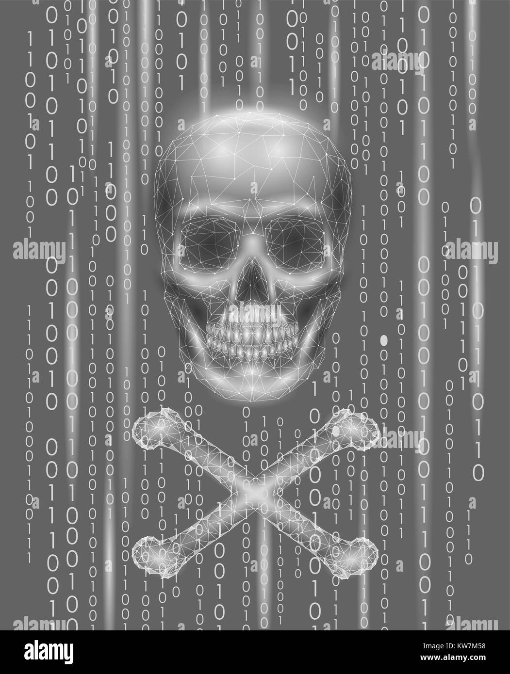 Jolly Roger Schädel binären Code Nummern. Hacker piraterie Computer online Angriff warnen. Beängstigend Warnung hacking Sicherheit Datenschutz. Low Poly polygonalen Tria Stock Vektor