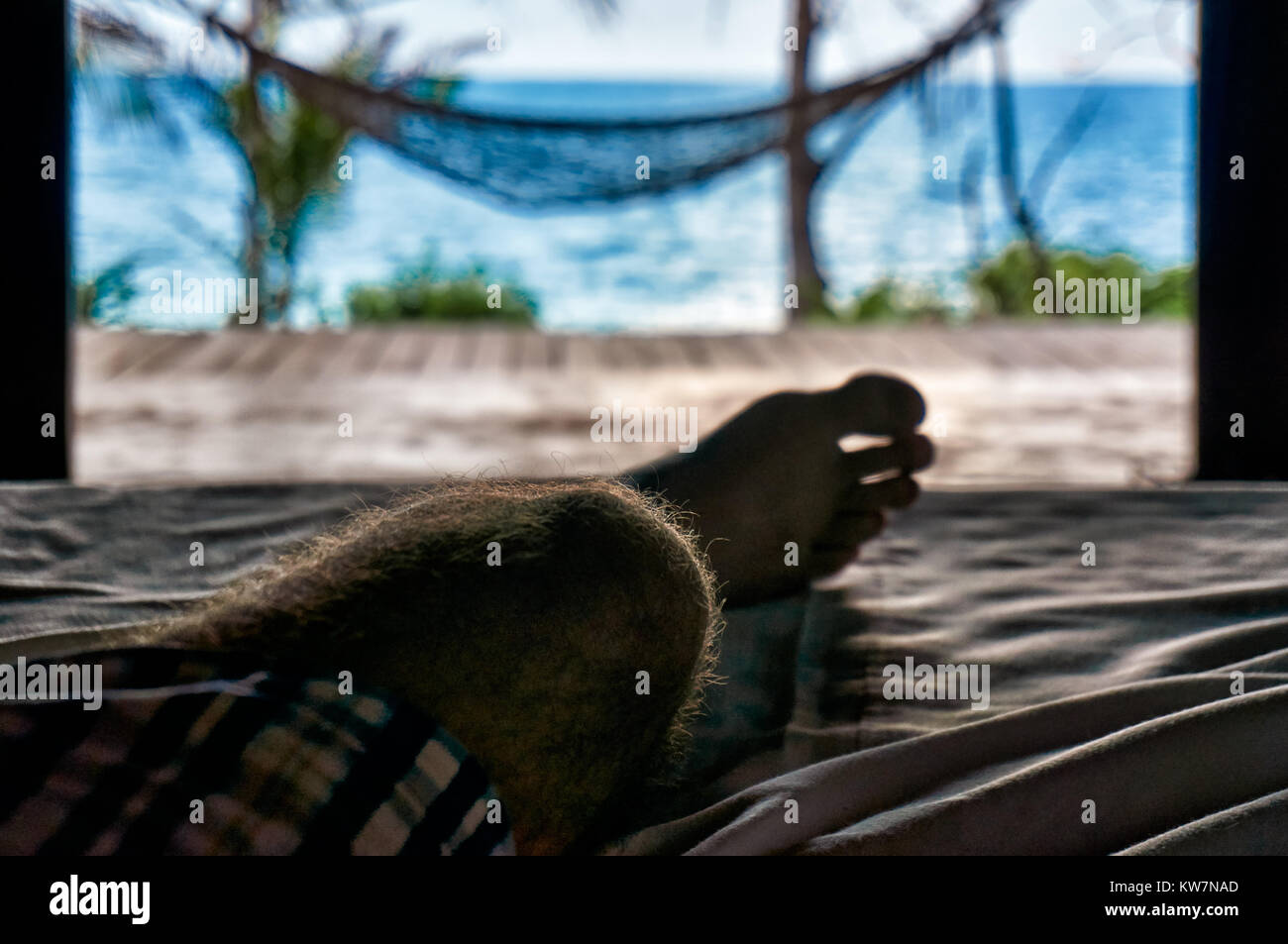 Blick vom Bett zum Meer, Sansibar, Tansania, Afrika Stockfoto