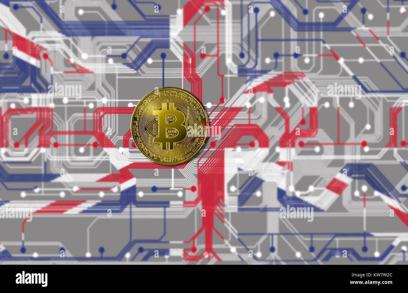 Bitcoin auf einer gedruckten Schaltung mit Union Jack Farben und Design verbunden Stockfoto