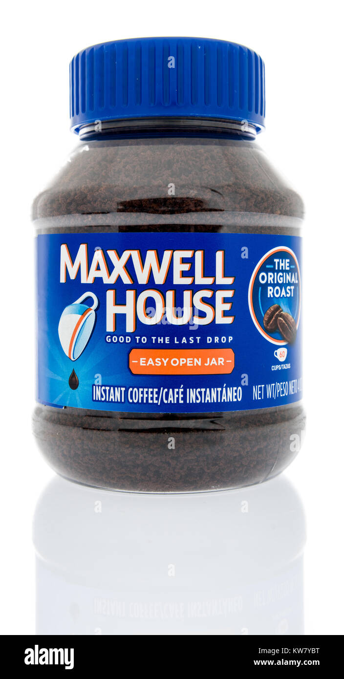 Winneconne, WI-26 Dez 2017: ein Glas von Maxwell House Instant Kaffee auf einer isolierten Hintergrund. Stockfoto