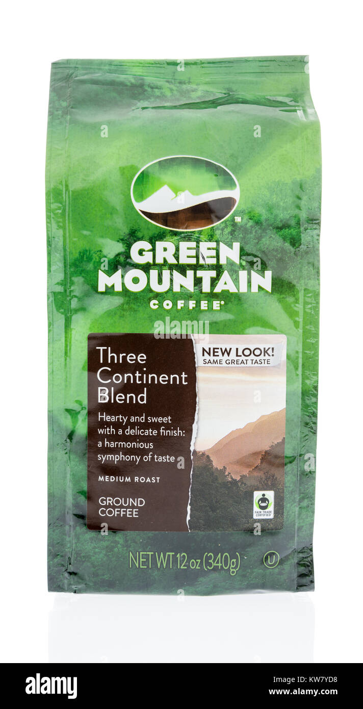 Winneconne, WI-27 Dez 2017: eine Tasche von Green Mountain Coffee auf einem isolierten Hintergrund. Stockfoto