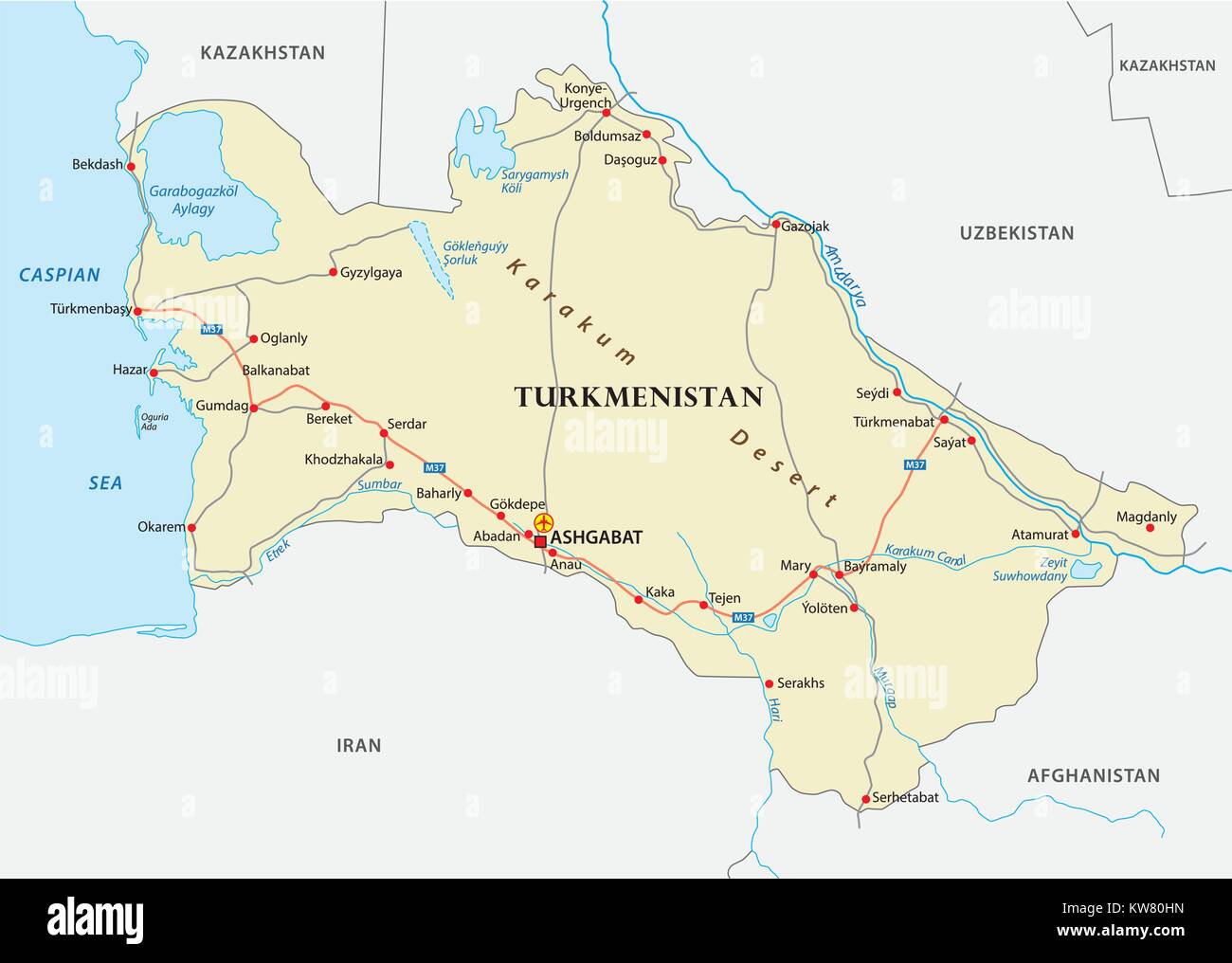 Turkmenistan Straße Vektorkarte mit wichtigen Städten Stock Vektor