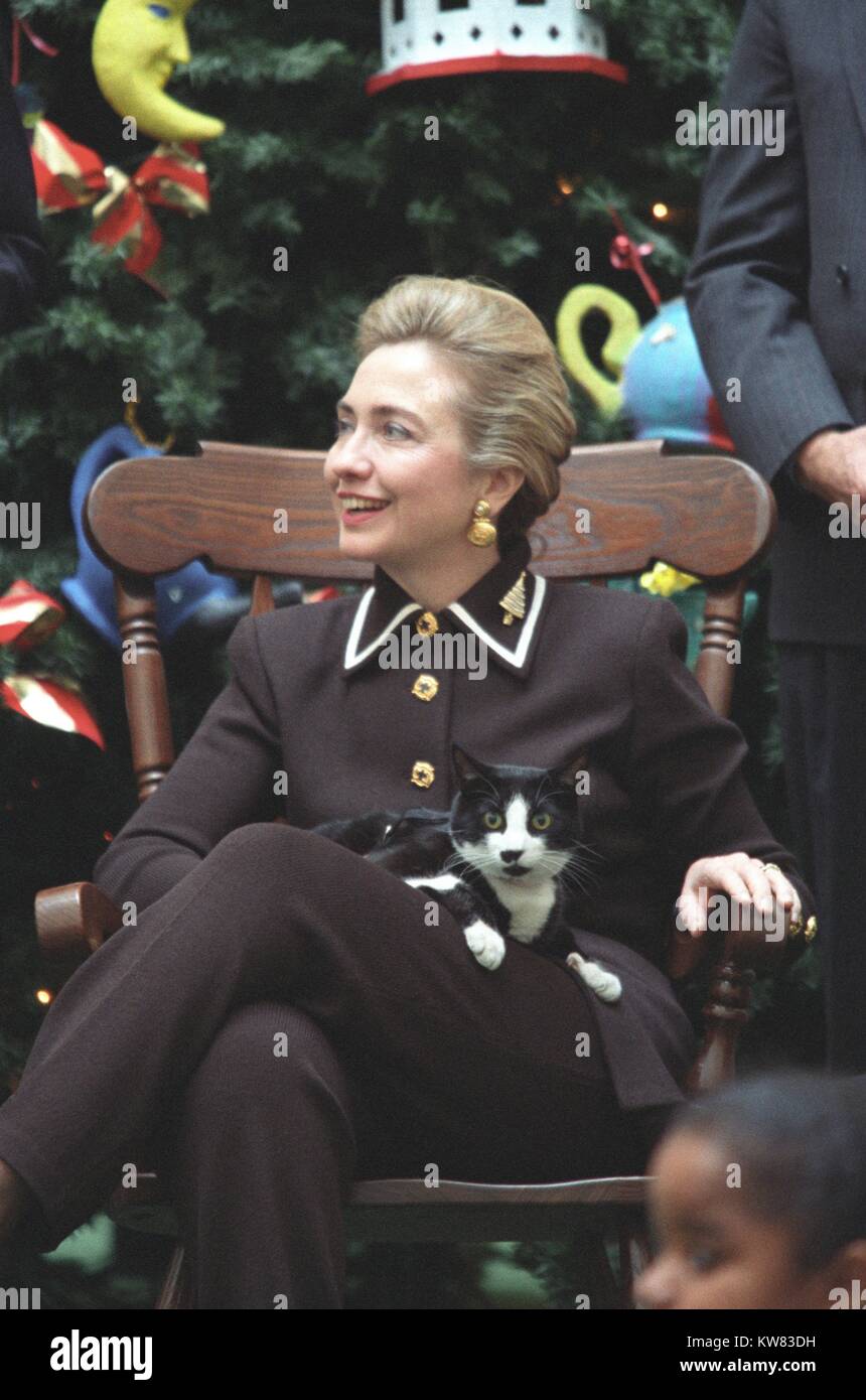 Socken die Katze, das erste pet von Präsident Bill Clinton und der First Lady Hillary Rodham Clinton, mit schwarzen Fell, weiße und gelbe Augen, sitzt auf dem Schoß der First Lady, das Tragen schwarzer Anzug mit goldenen Verzierungen, in einem hölzernen Stuhl vor einem großen, geschmückten Weihnachtsbaum sitzt, während der Ferien im Weißen Haus, Washington, District of Columbia, 13. Dezember 1995. Stockfoto