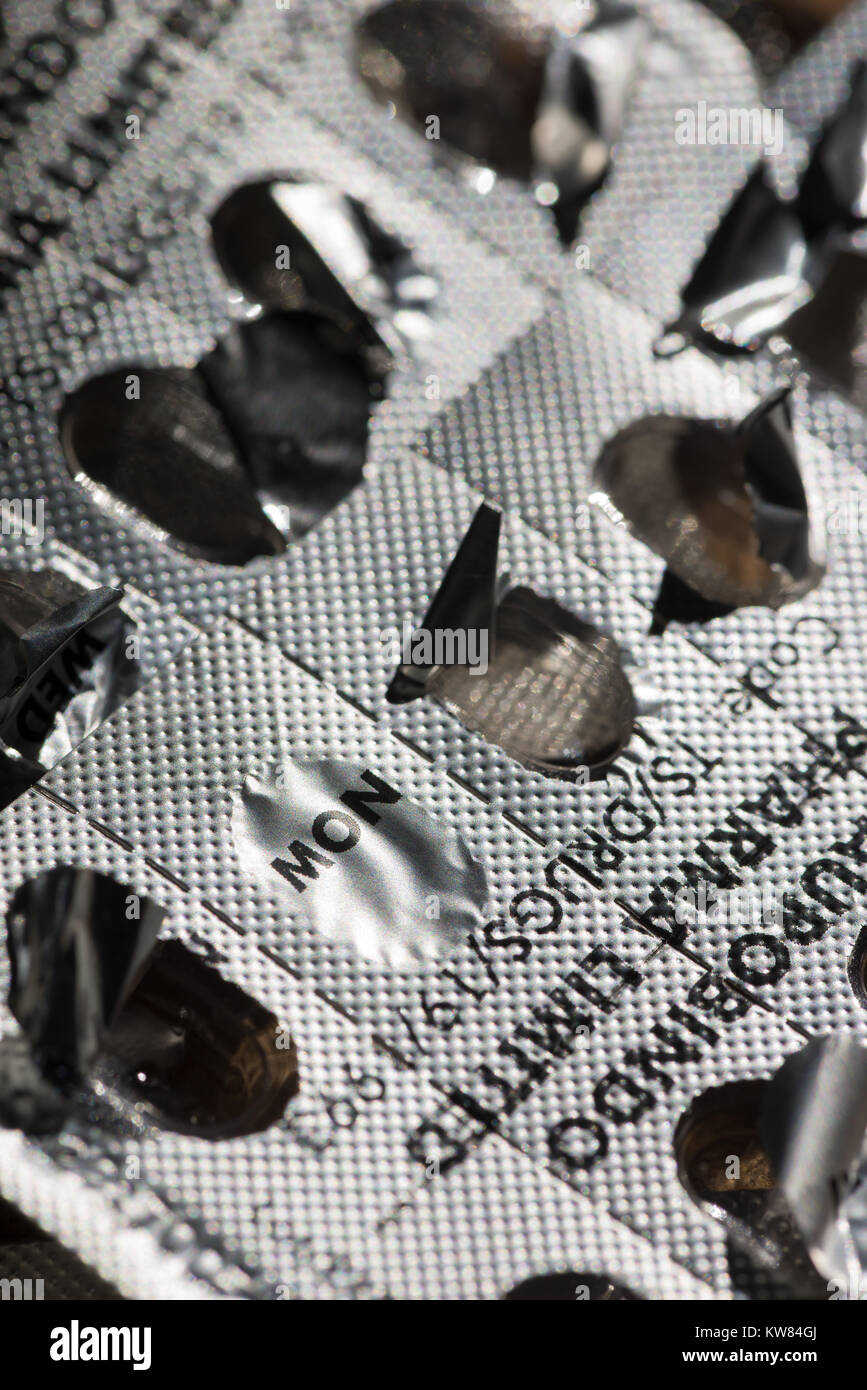 Montag morgen Blues und eine verpasste Medical Tablet Dosis Depression Angst von einer Blisterpackung 14 Tage Packung ungeöffnet Pille Citalopram zu behandeln. Stockfoto