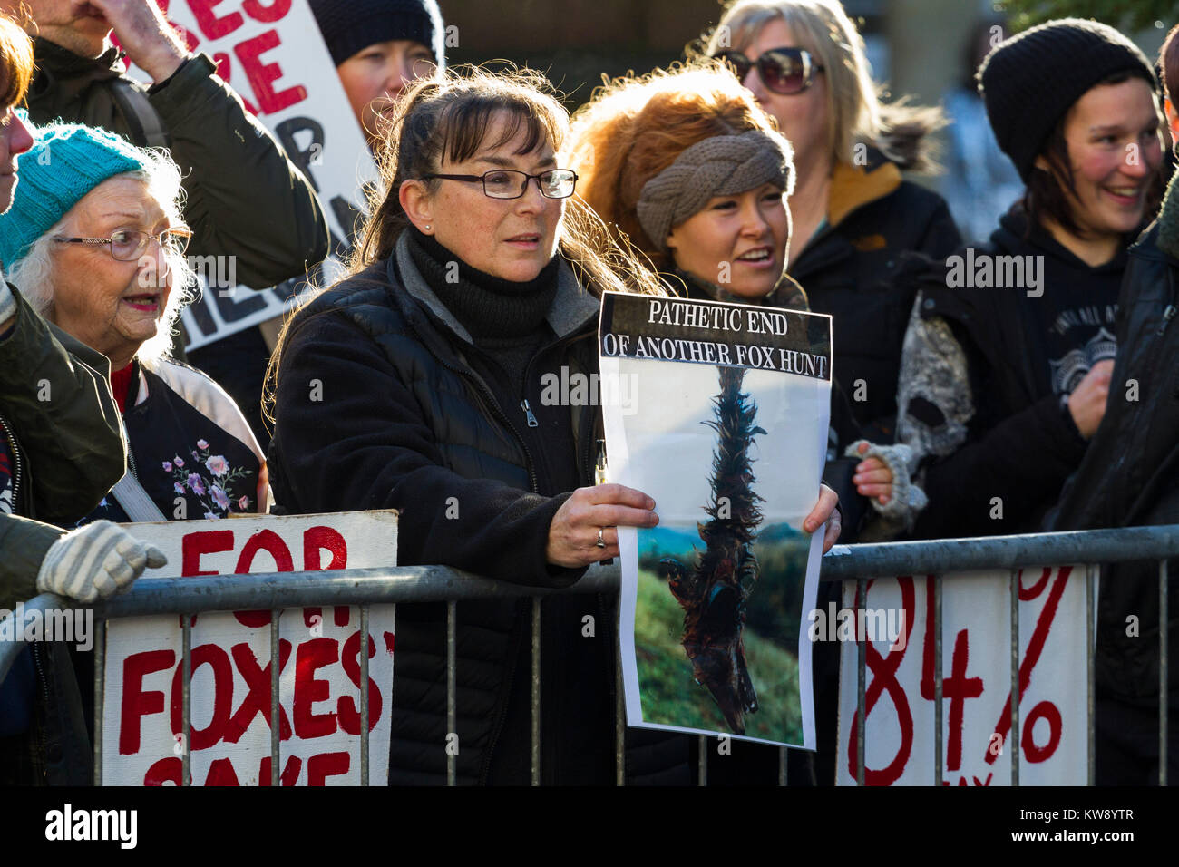 Die Demonstranten Plakate gegen Fuchsjagd als Carmarthenshire Jagd Parade durch Carmarthen am Neujahrstag 2018 zeigen Stockfoto