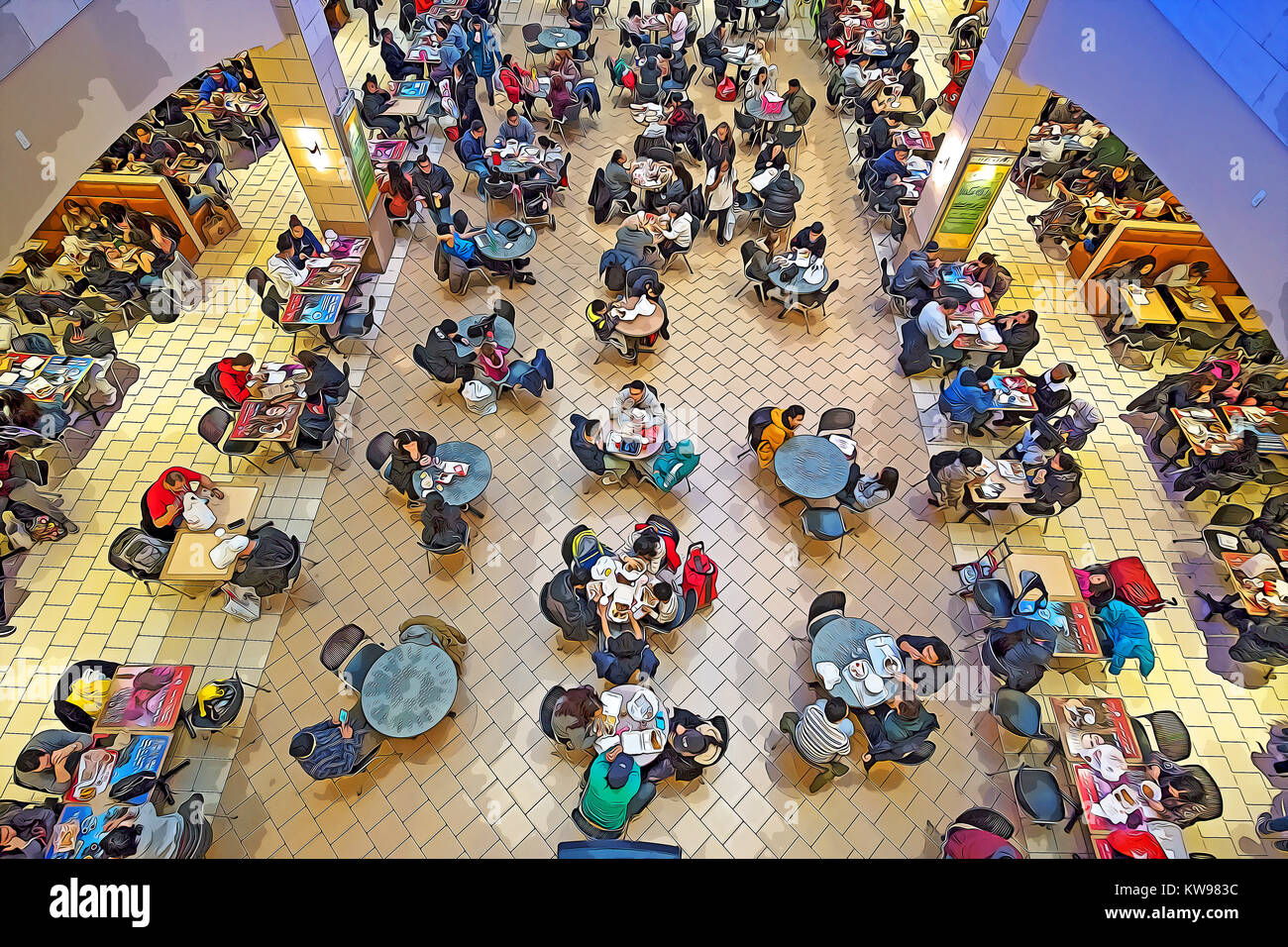 Ein Photoshop manipuliert Blick auf die überfüllten Food Court im Queens Center Shopping Mall in Elmhurst, Queens, New York City. Stockfoto