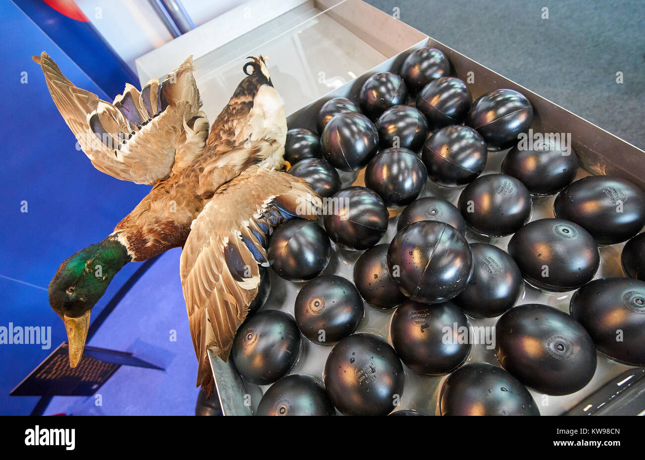 Ausstellung München, 10. Oktober 2017 Euro-Matic Vogel Kugel Kunststoff Kugeln für abstoßende Wasservögel in der Nähe eines Flughafens See, Inter Airport Europe 2017, die Stockfoto