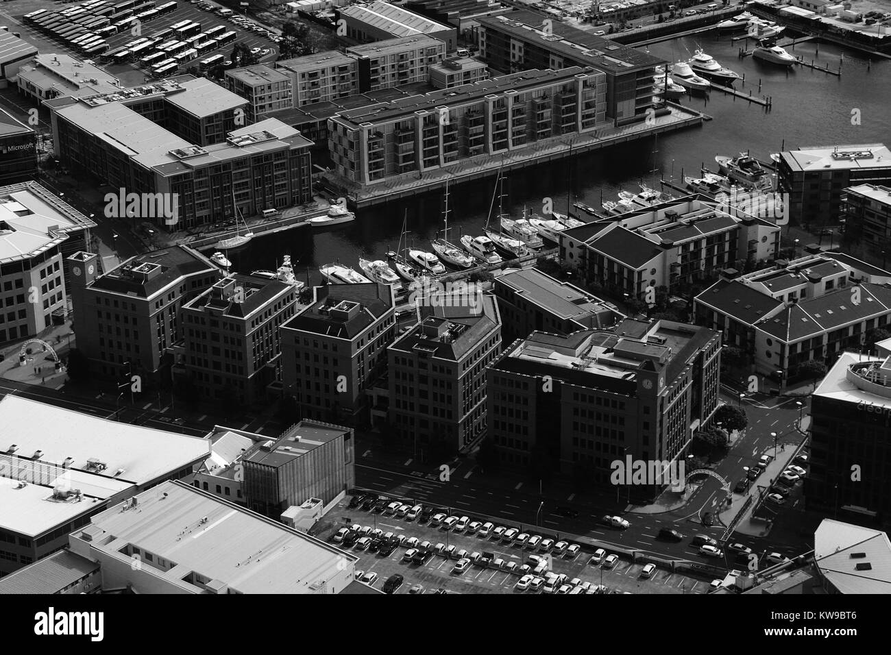Airiel anzeigen Docks in Auckland, Neuseeland, Schwarz und Weiß Stockfoto