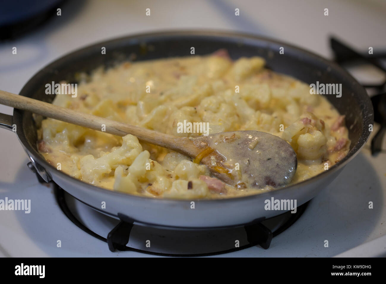 Herd kochen ein Blumenkohl gratin Stockfoto