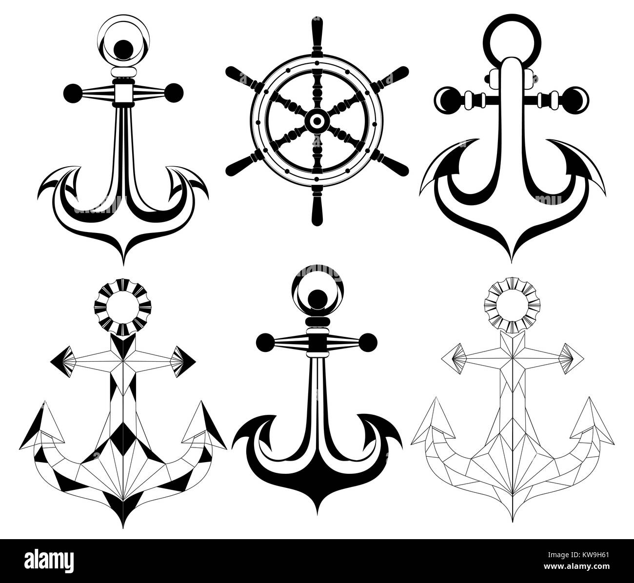 Satz Von Silhouette Schwarz Anker Und Helm Auf Einem Weissen Hintergrund Tattoos Stil Silhouette Verankern Stock Vektorgrafik Alamy