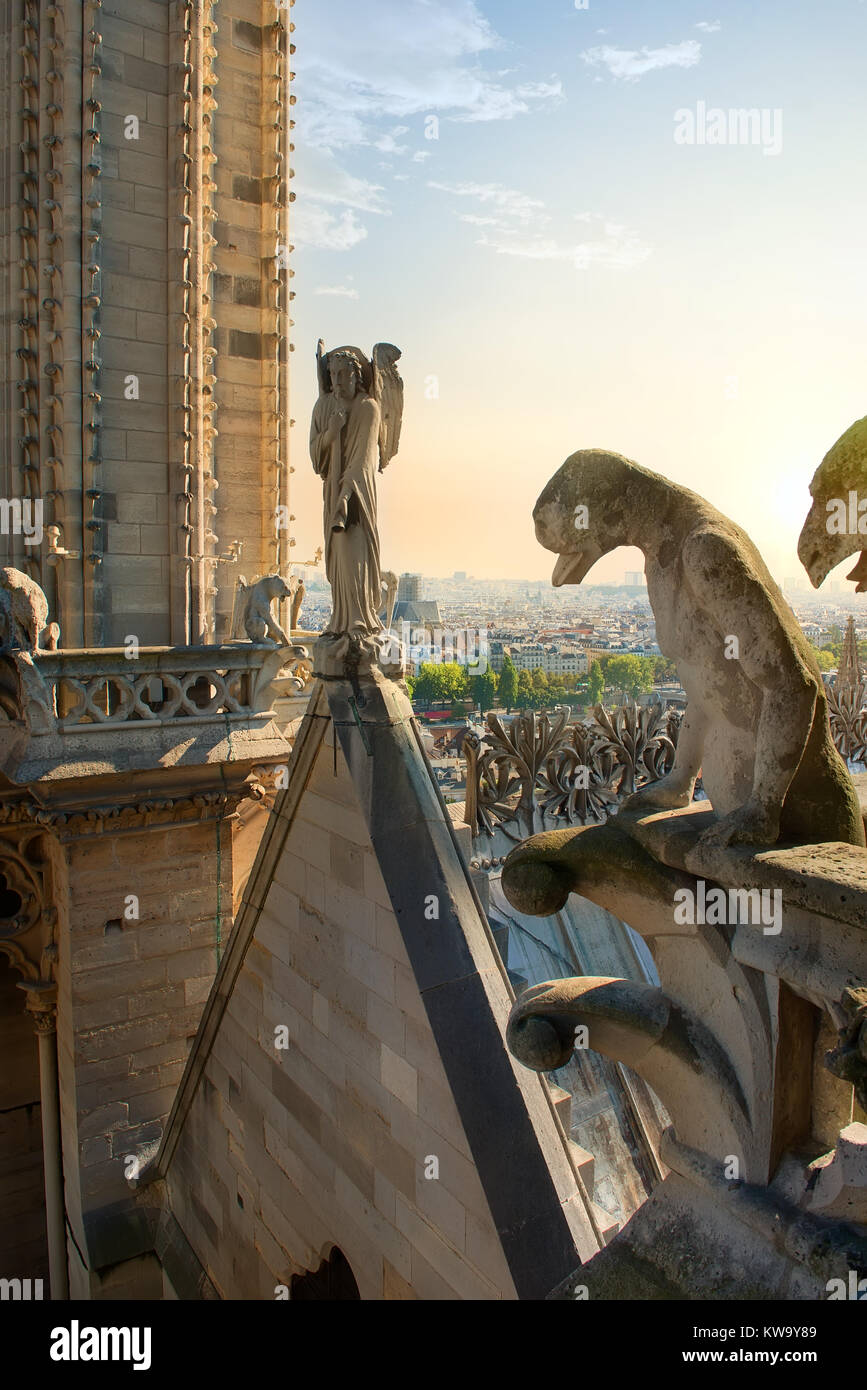 Statuen von Chimären auf Notre Dame de Paris, France Stockfoto