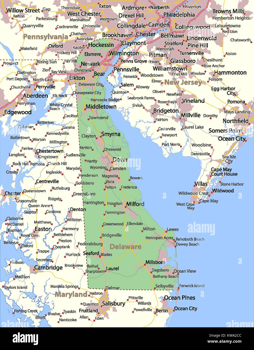 Karte von Delaware. Zeigt die Ländergrenzen, städtischen Gebieten, Ortsnamen, Straßen und Autobahnen. Projektion: Mercator. Stock Vektor