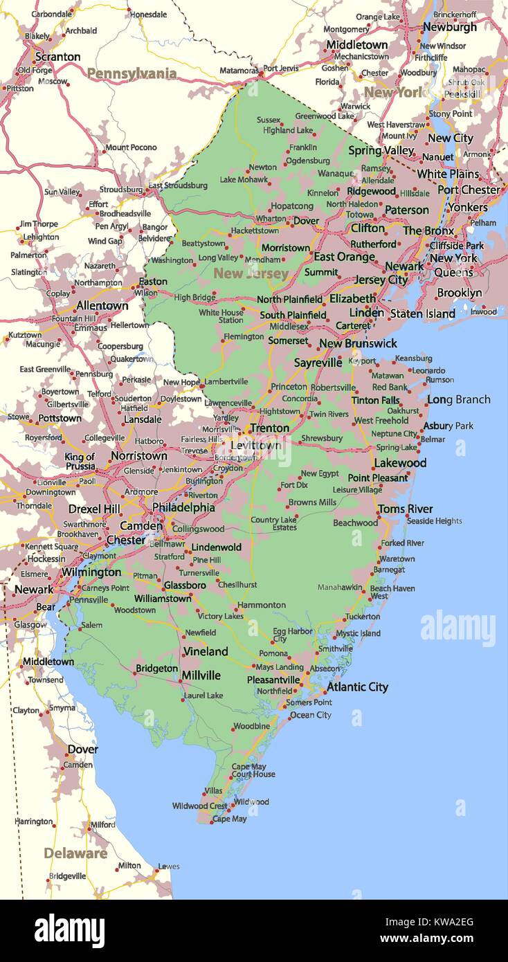 Karte von New Jersey. Zeigt die Ländergrenzen, städtischen Gebieten, Ortsnamen, Straßen und Autobahnen. Projektion: Mercator. Stock Vektor