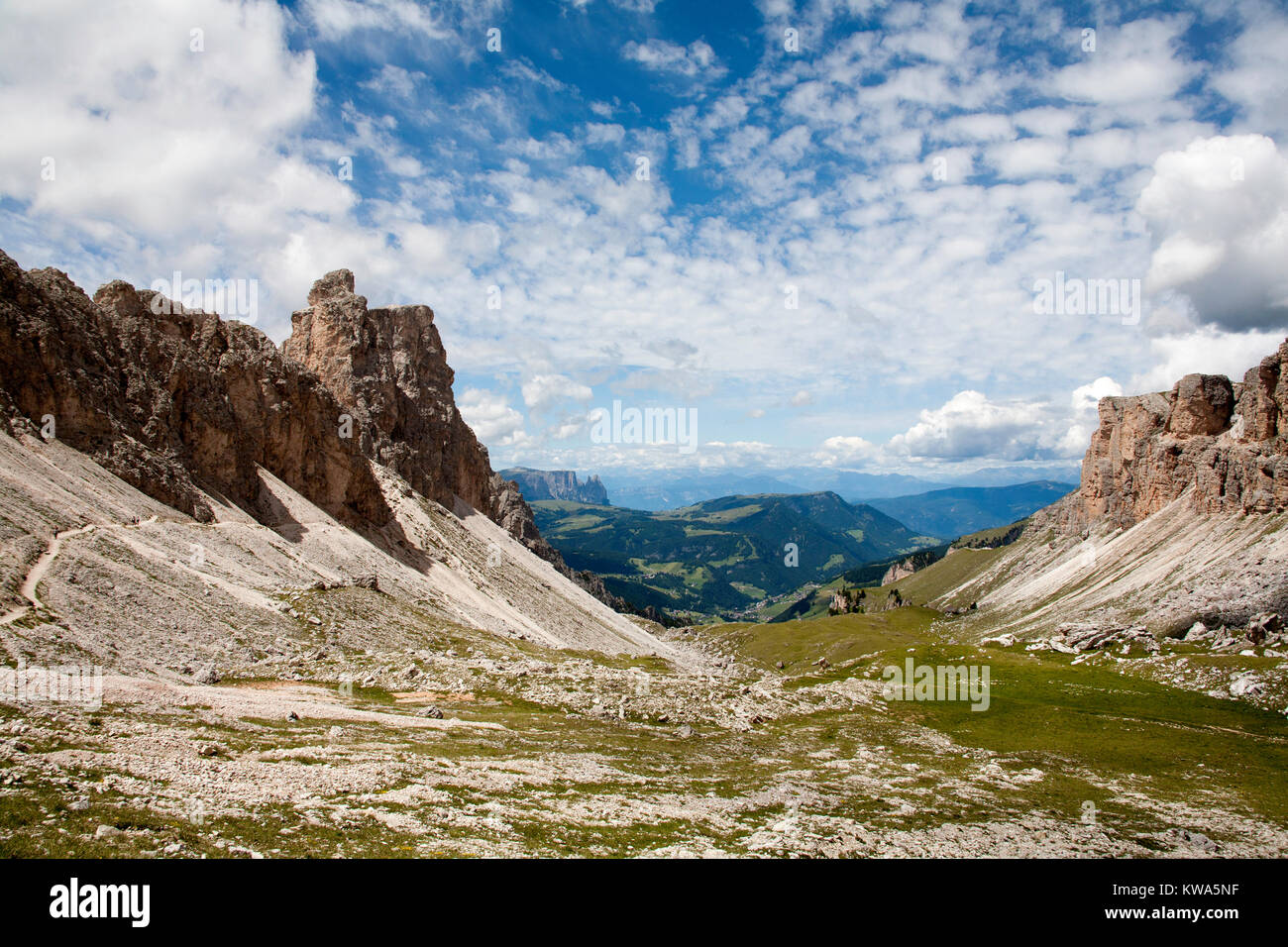 Danter les Pizes Grand Cir und Pice Cir vom Forc de Crespeina am Kopf Der chedul Tal Wolkenstein Gröden Dolomiten Italien Stockfoto