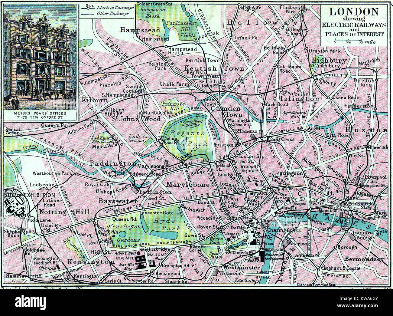 Eine farbige Karte von London 1923, elektrische Bahnen