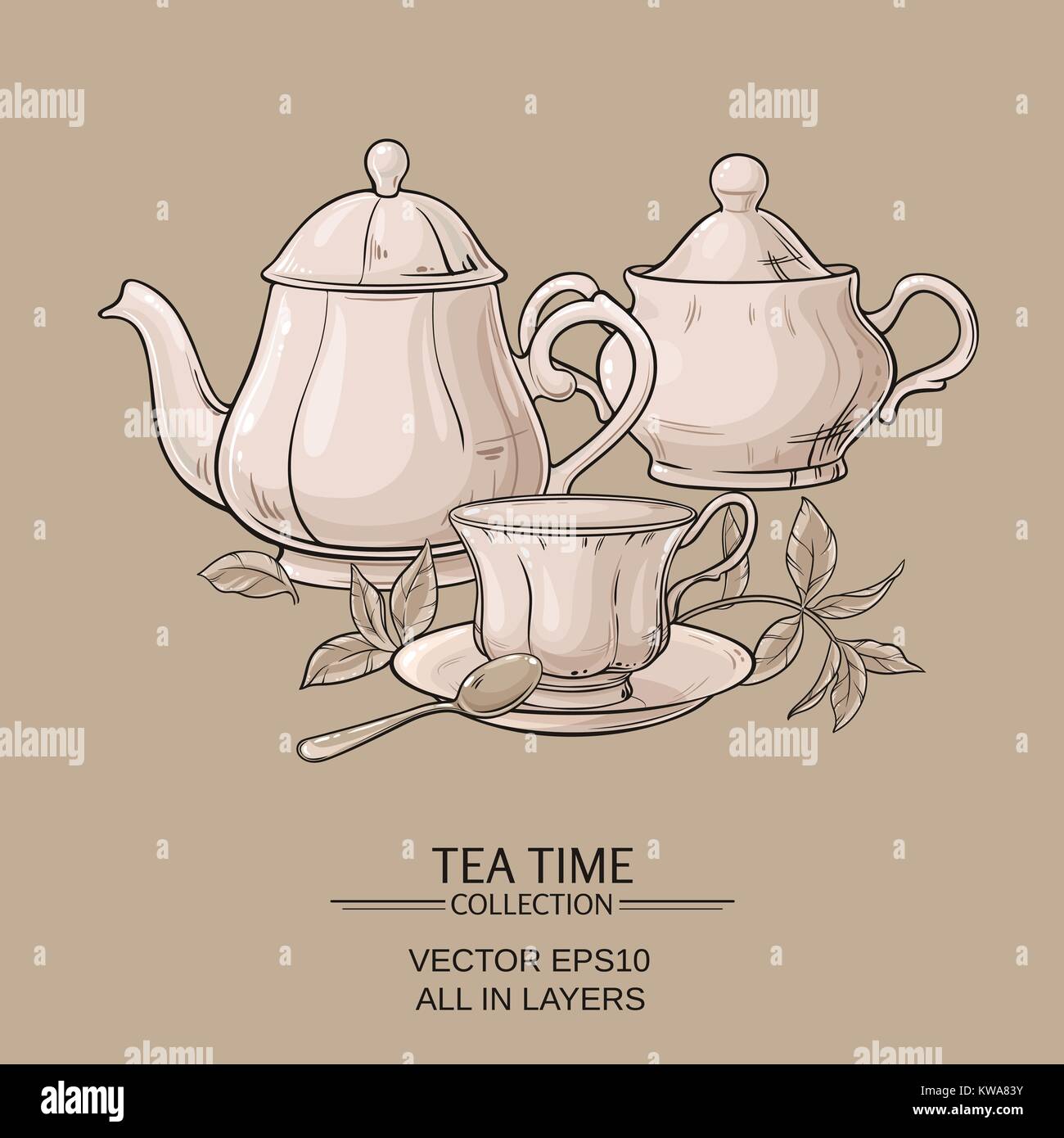 Teekanne mit Tasse und Sugar Bowl Stock Vektor