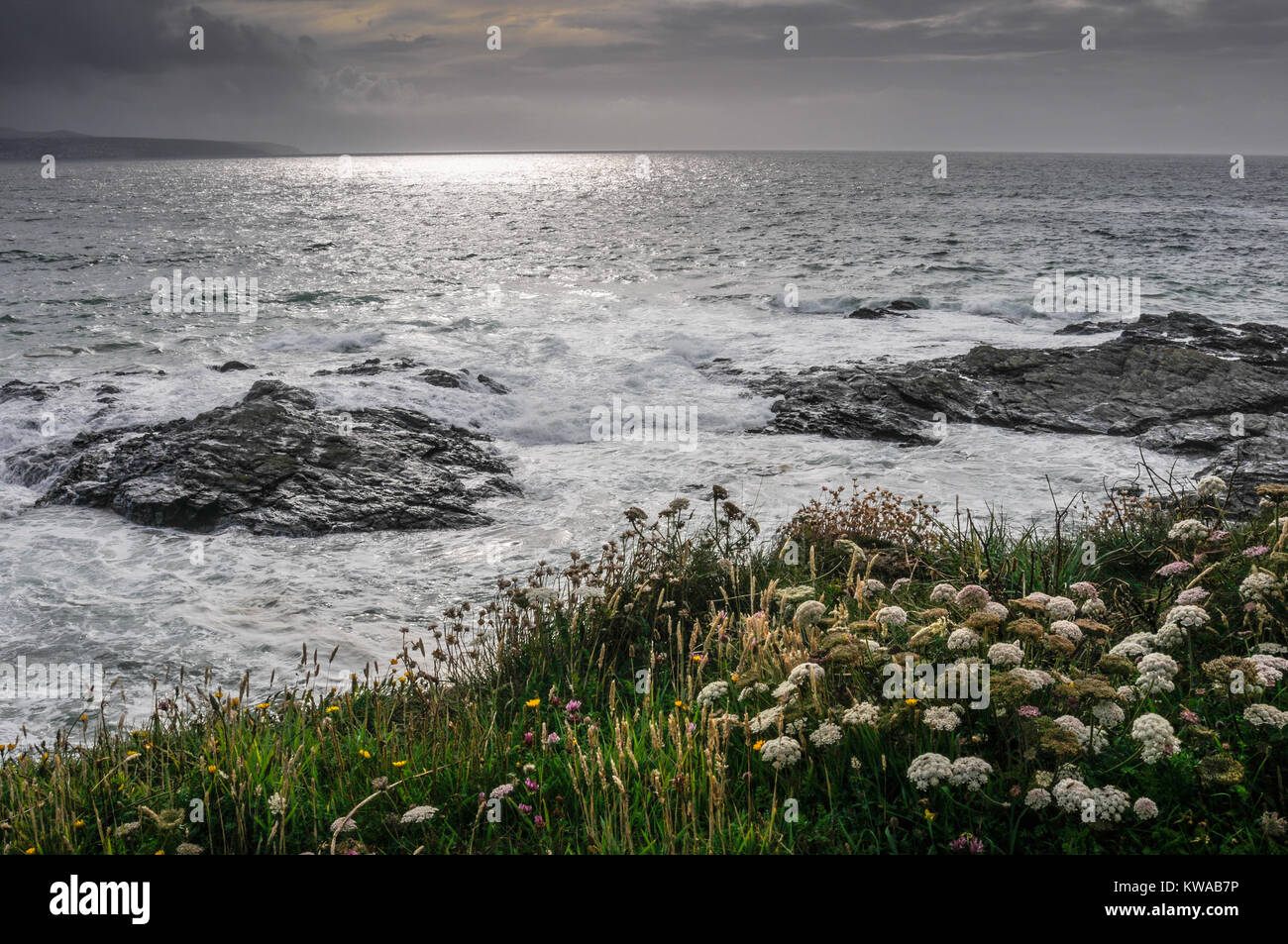 Sonnenlicht bricht durch einen bewölkten Himmel und der Reflexion auf das Meer und die felsige Küste Cornwalls mit Gras und Wildblumen in den Vordergrund Stockfoto
