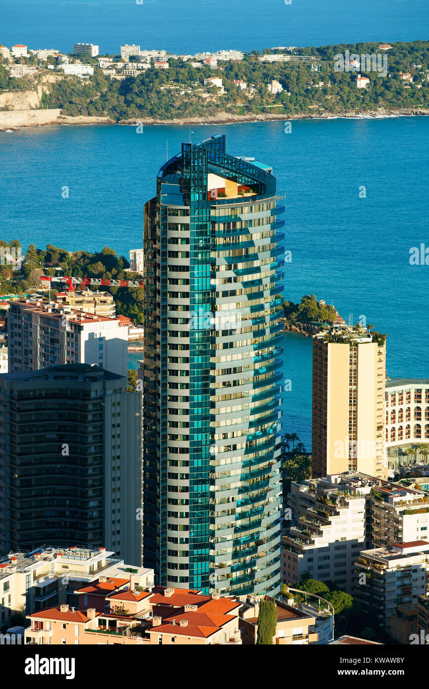 Das höchste Gebäude von Monaco (Höhe: 170 Meter). Odeon-Turm, Bezirk La Rousse Saint-Roman, Fürstentum Monaco. Stockfoto