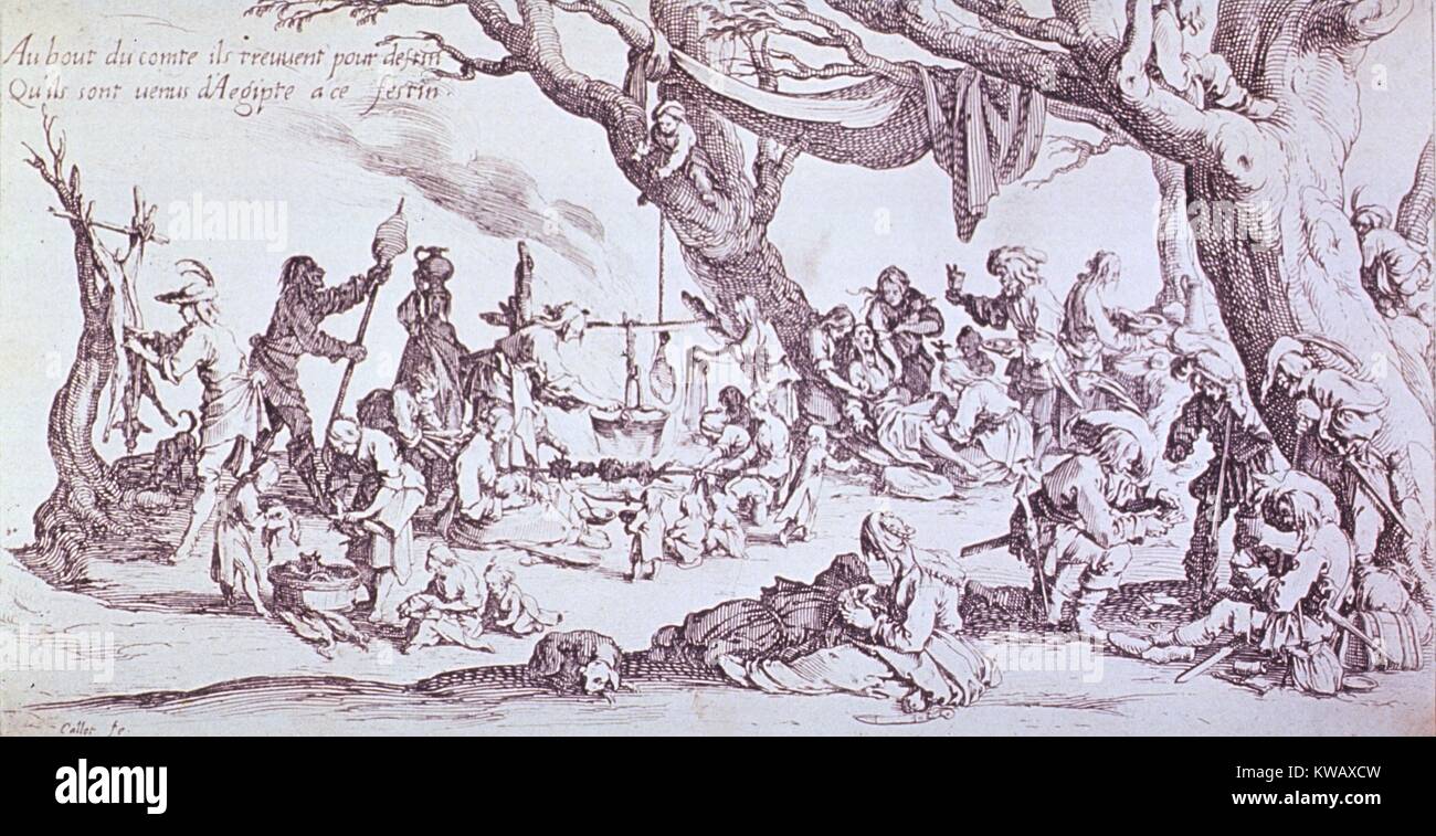 Radierung von Jacques Callot zeigt ein Zigeuner Zubereitung von Speisen in einem Baum Grove als Frau im Hintergrund Geburt gibt, 1621. Mit freundlicher Genehmigung der nationalen Bibliothek für Medizin. Stockfoto